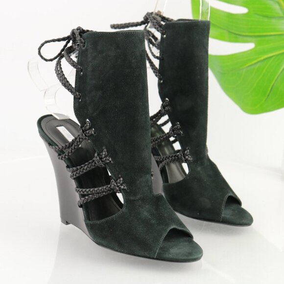 SCHUTZ Womens Camurca Cabra Sandal Size 8 Black Suede Wedge Heel Ankle Wrap Tie - Picture 2 of 11